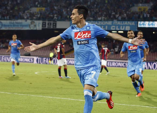 Jose Callejon, ex Real Madrid,  segna il primo  gol del Napoli nella serie A 2013-2014. Al San Paolo gli azzurri di Benitez battono il Bologna 3-0. Di Hamsik le altre reti. Reuters